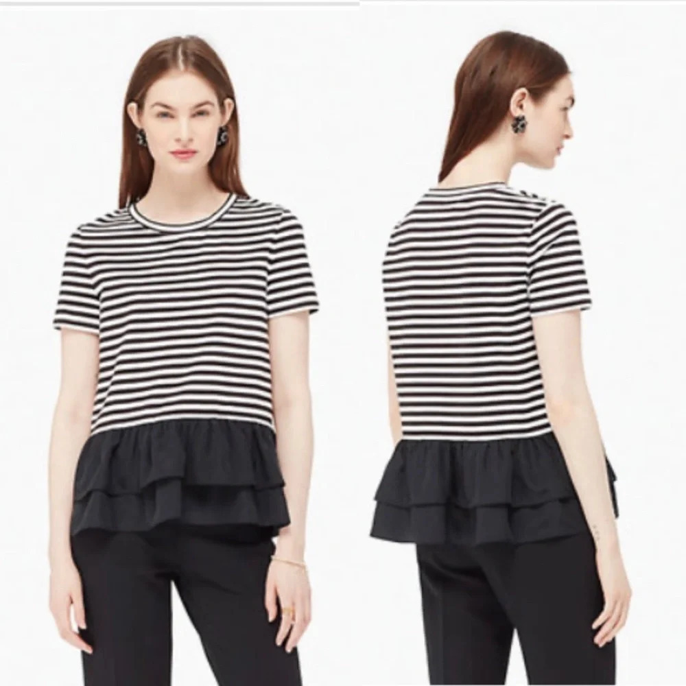 Kate Spade Broom Street Black White Stripe Ruffle Hem Blouse Top Size Small